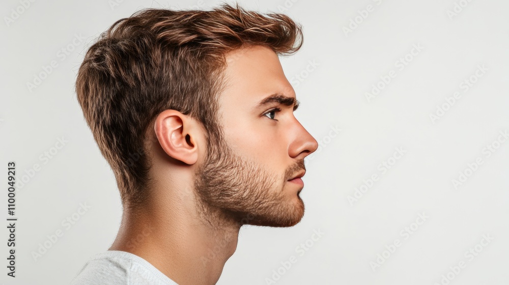 Obraz premium Side view of young man looking left isolated on white