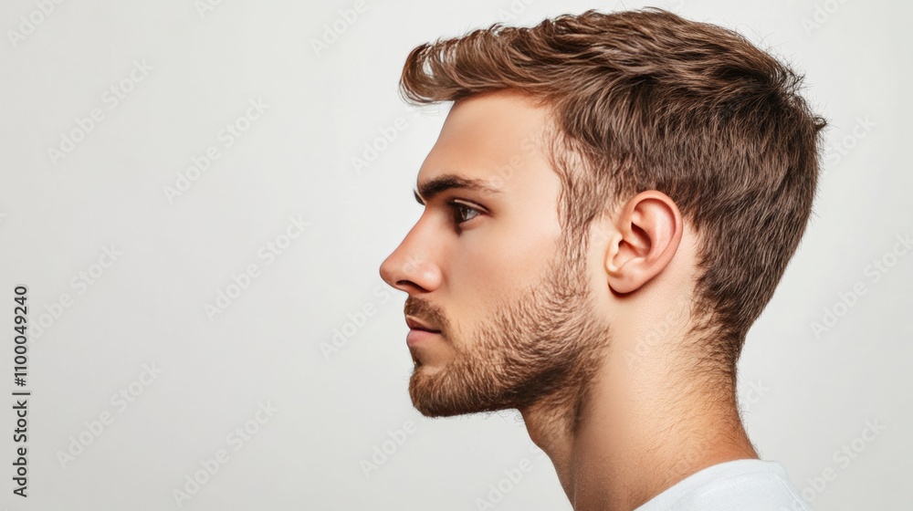 Obraz premium Profile view of young man looking left on white background