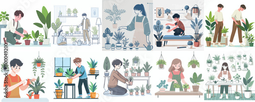 vector set of a teenager arranging the position of indoor plants in a simple flat design style