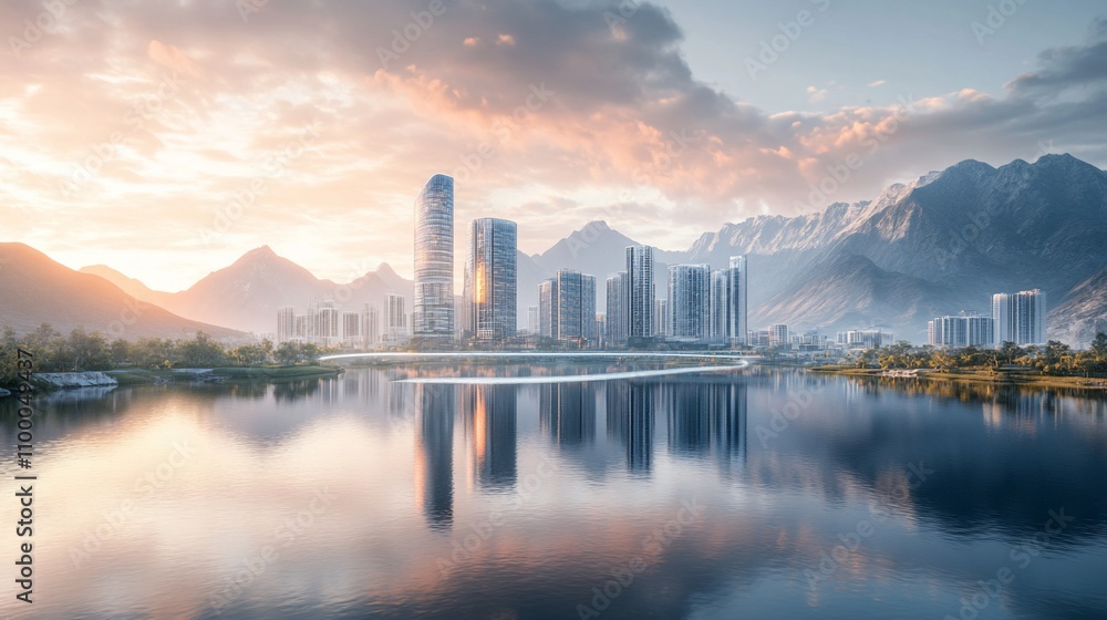 Obraz premium Modern city skyline reflected in calm lake at sunrise, mountains in background.