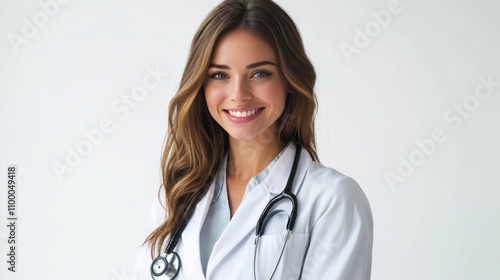 Happy woman doctor with stethoscope smiling isolated photo