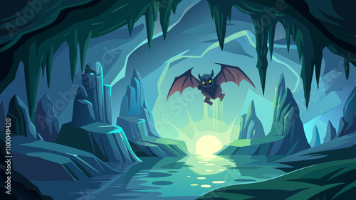 A cartoonish drawing of a bat flying through a cave