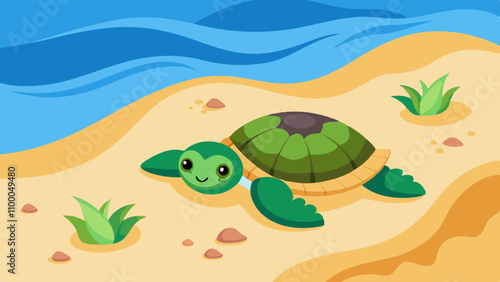 A cartoon turtle is laying on the beach near the water