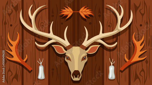 A deer head with antlers and leaves on the wall