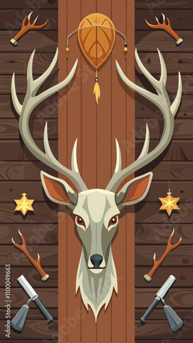 A deer head with antlers and a leaf on top of it