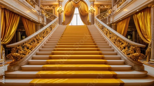 photograph of Luxurious golden staircase draped with a yellow carpet, set against a lavish, upscale interior design with warm, glowing lights. wide angle lens photo