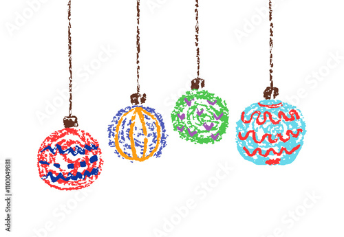 Colorful Christmas ball design element set. Holiday hanging ornament with thread. Crayon, pastel chalk or pencil kids hand drawing doodle funny style. Cartoon flat bright simple vector art collection