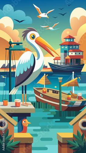 A colorful drawing of a bird standing on a dock next to a boat