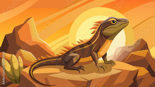 A lizard is sitting on a rock in a desert