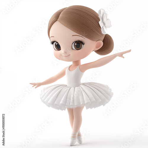 3d icon on white background. Toy style ballerina in white tutu dancing on a white background