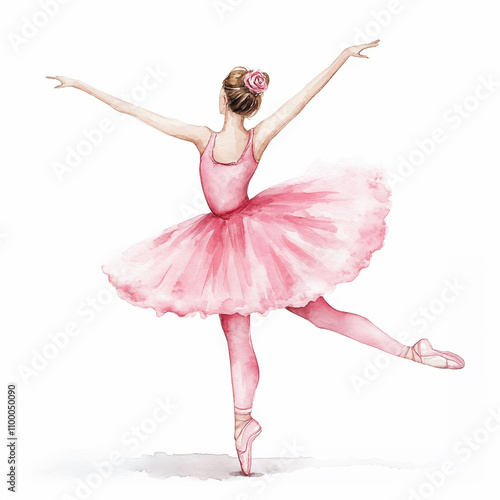 Cute watercolor illustration on white background. Toy style ballerina in pink tutu dancing on a white background