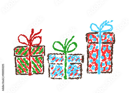 Christmas gift box set. Like child's hand drawing crayon or pencil simple naive art. Kids creativity vector doodle joyful funny colorful innocent easy present. Cartoon flat bright scribble cute design