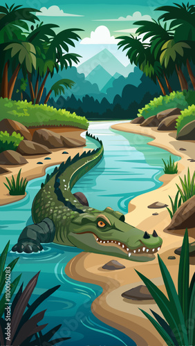 A crocodile is swimming in a river