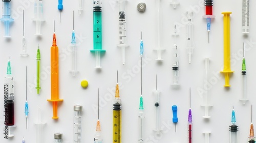 photograph of Medical banner with neatly arranged syringes, white background, copy space for text wide angle lens photo