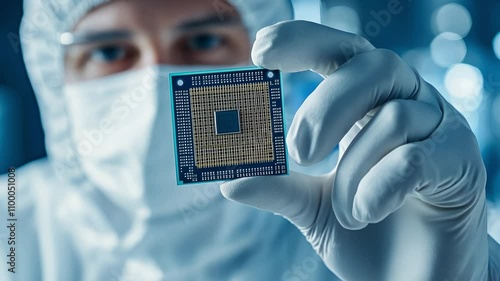 Scientist holding GPU Silicon microchip in hand semiconductor industry