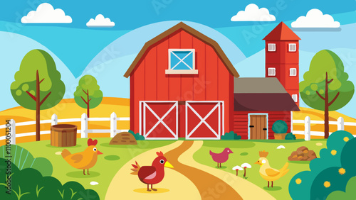 A farm scene with a red barn and a white fence