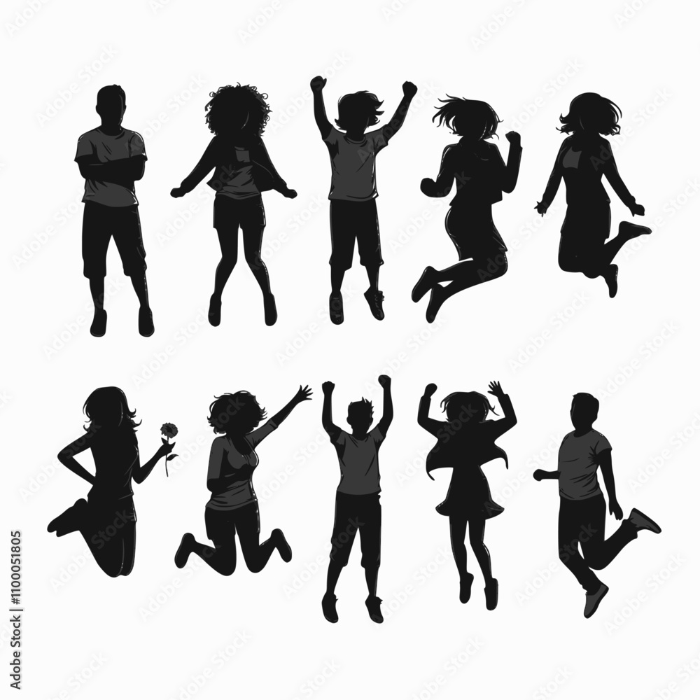 Obraz premium Silhouettes of young people jumping in fashionable clothes. Vector silhouettes man and women, illustration.