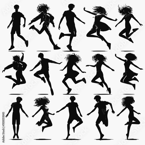 Silhouettes of young people jumping in fashionable clothes. Vector silhouettes man and women, illustration.