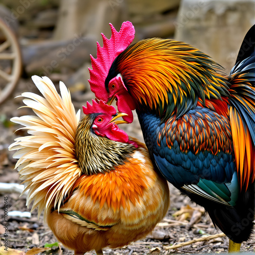 Rooster mating a chicken during a process called cloacal kiss photo