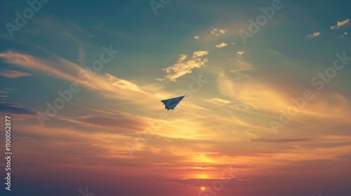 photograph of Miscellaneous banner with paper airplane silhouette, sunset sky, gradient colors, space for text wide angle lens photo