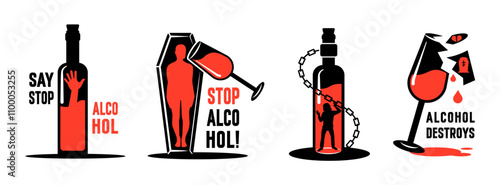 Alcohol addiction. Silhouette logo set. No alcohol