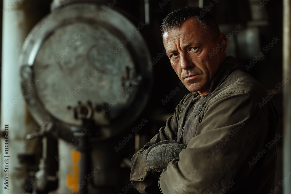 Fototapeta premium Man in work clothes poses thoughtfully near industrial equipment in a workshop. Generative AI