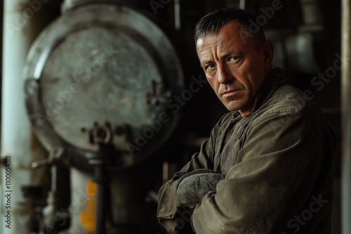 Wallpaper Mural Man in work clothes poses thoughtfully near industrial equipment in a workshop. Generative AI Torontodigital.ca
