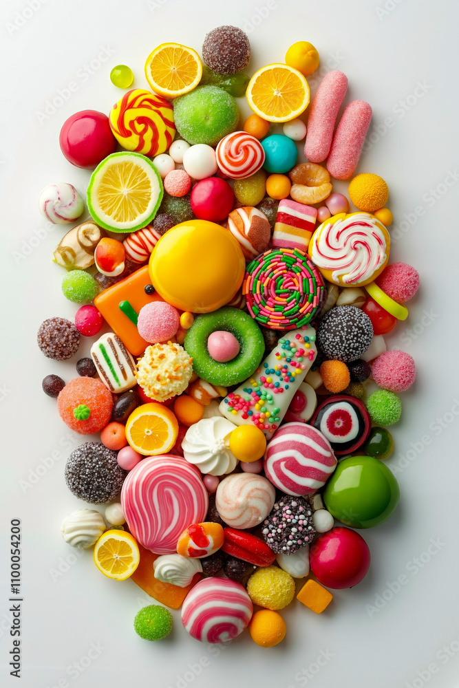 Fototapeta premium A pile of colorful candies and sweets on a white surface