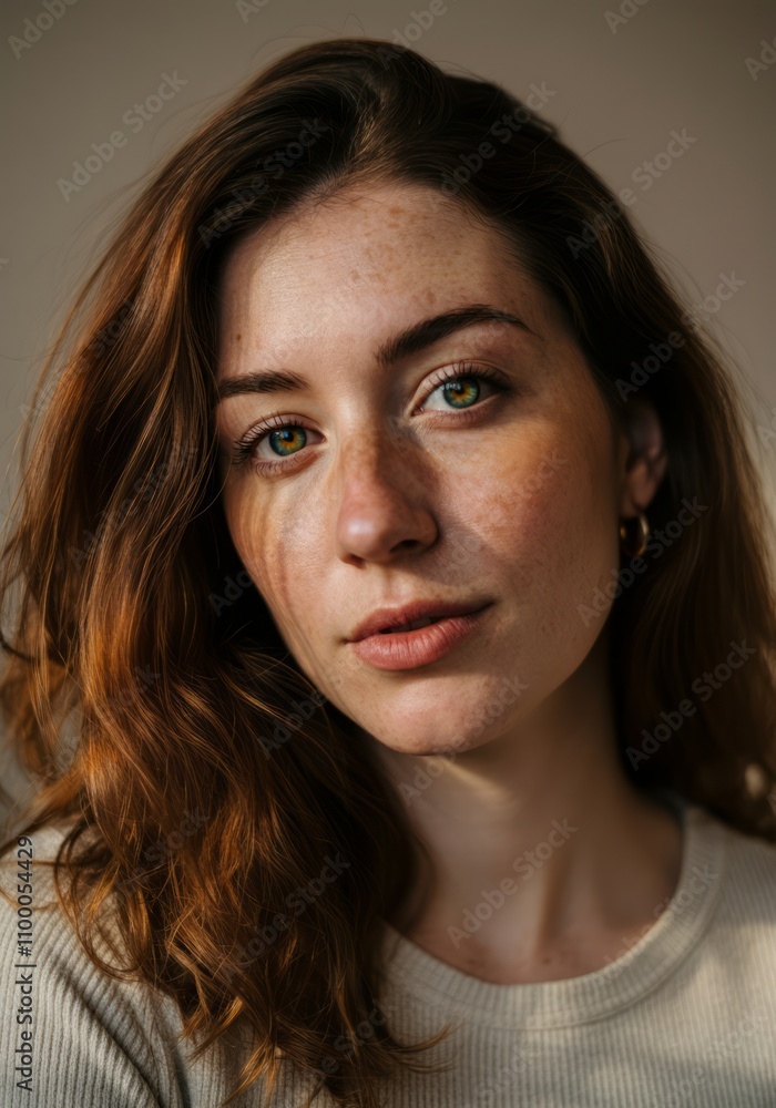 Portrait of young caucasian female with auburn hair and freckles Portrait of young caucasian female with auburn hair and freckles