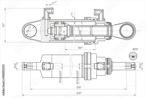 Vector mechanical part of machine - hydraulic cylinder.
Engineering assembly drawing of steel device
with dimension lines. Industrial technic 
cad scheme on white paper sheet. Machined tool - shaft. 