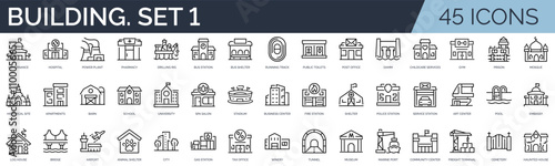 Set of 45 outline icons related to buildings. First set. Linear icon collection. Editable stroke. Vector illustration	