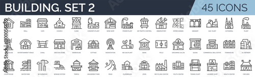 Set of 45 outline icons related to buildings. Second set. Linear icon collection. Editable stroke. Vector illustration	