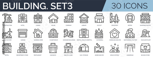 Set of 45 outline icons related to buildings. Third set. Linear icon collection. Editable stroke. Vector illustration 