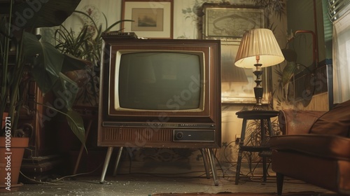 photograph of Old wooden TV set from the 70s, standing proudly with its vintage style, evoking a sense of nostalgia for retro technology. wide angle lens photo