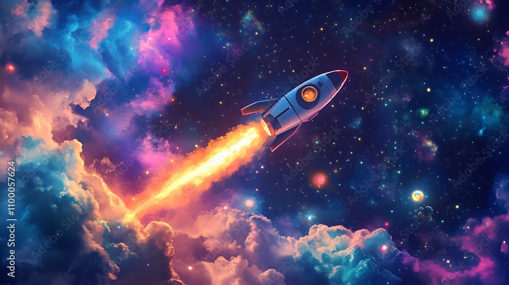 Fototapeta premium Rocket Ascending Through Colorful Cosmic Clouds