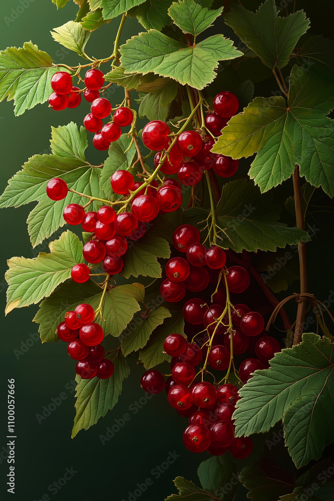 Fototapeta premium A bunch of red currants hanging from a tree branch with green leaves
