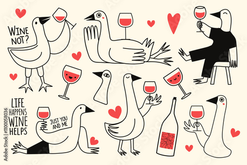 Funny romantic vector illustration set with gooses, wine glass and red hearts. Cute party print design invitation, love greeting card, home wall decoration poster