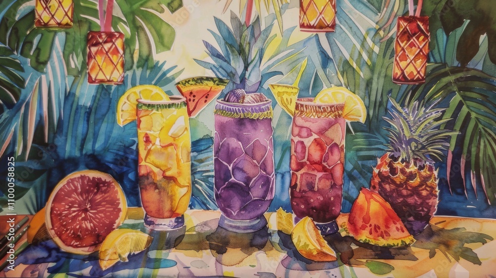 Fototapeta premium Colorful tropical cocktails with fruits, set against a vibrant background of tropical leaves and decorative lanterns.