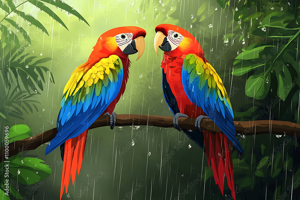 Obraz premium Two colorful parrots perched on a branch in a lush, rainy jungle setting.