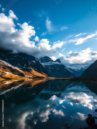 majestic snowcapped mountain range reflected in a serene alpine lake with dramatic cloud formations in a steelblue sky photo