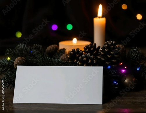 A blank white card on table, surrounded by Christmas decorations including pine branches, candle, pine cones, a lit candle, and colorful lights against a dark background photo