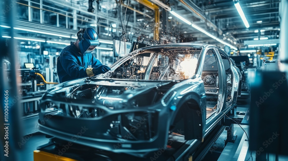 Naklejka premium A high-tech factory floor with two workers in protective gear, 