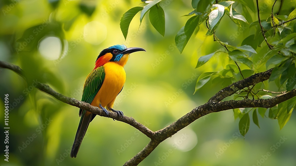 Naklejka premium Stunning Colorful Bird Perched on a Branch in Lush Forest
