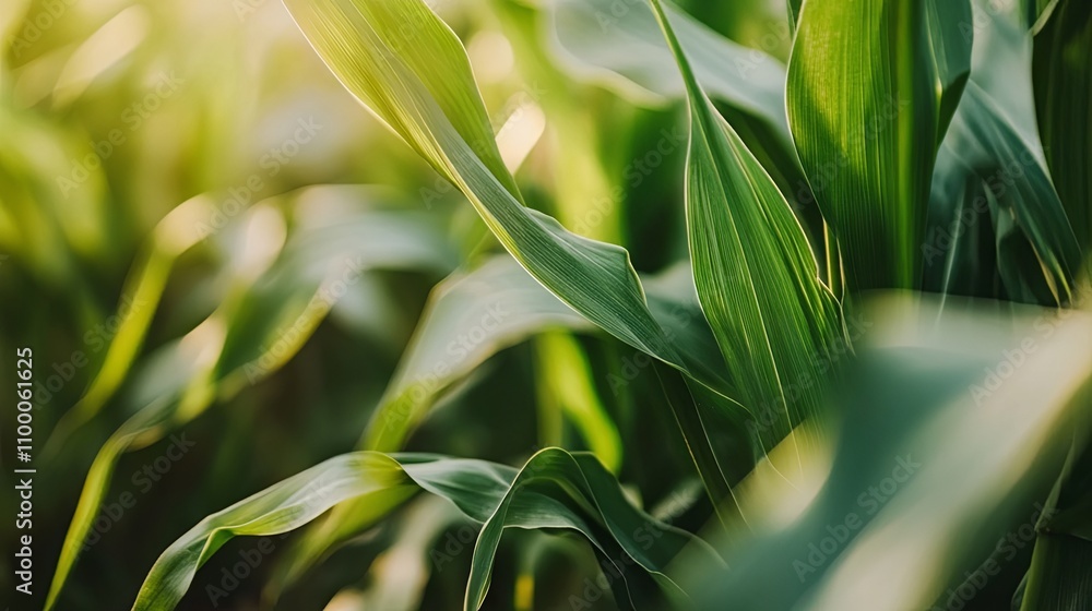 Obraz premium Close-up View of Lush Corn Leaves in a Field