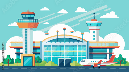 A large airport with a red and white plane in the foreground