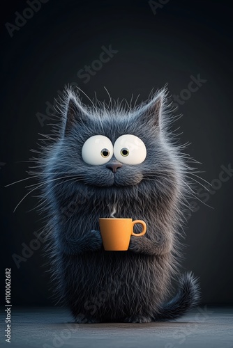 Comical Cartoon Cat in Gray Tones with Steaming Cup of Coffee