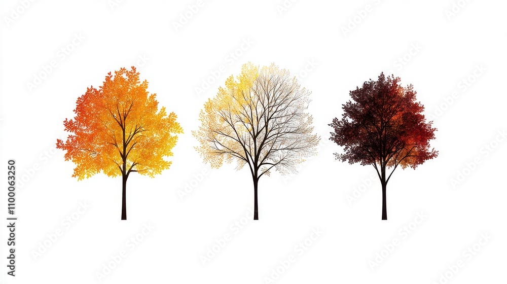 Fototapeta premium Three trees in vibrant autumn colors against a white isolate background.