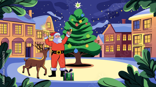 Santa Claus celebrating Christmas with reindeer festive tree night village scene colorful buildings holiday lights winter cheer