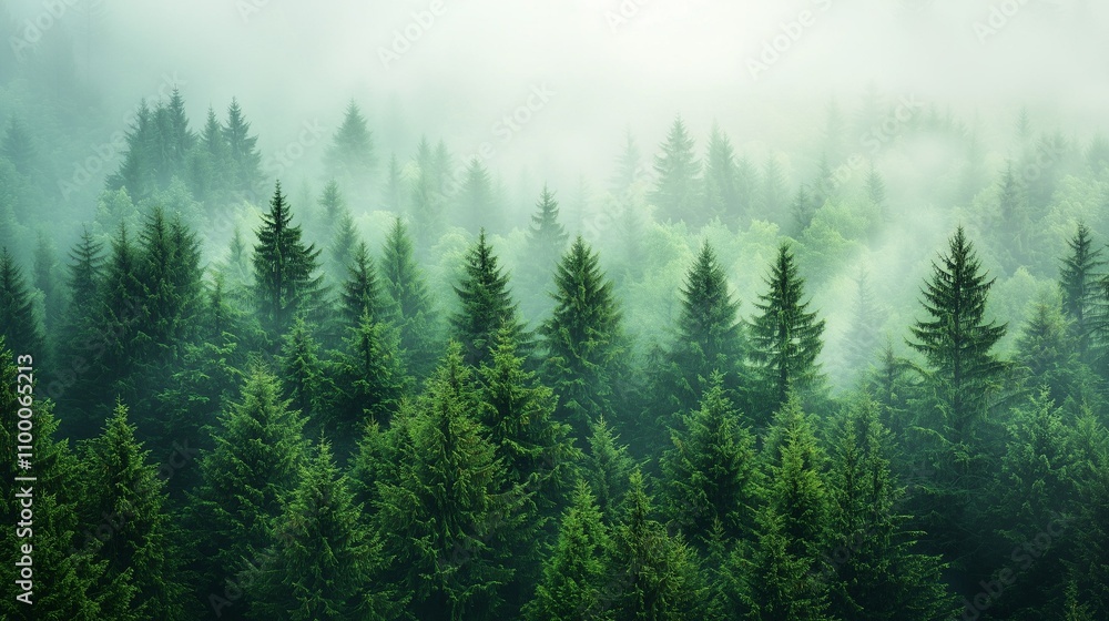Fototapeta premium Top view of a pine forest blanketed in soft mist