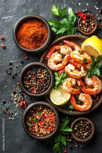 Colorful pink shrimp accompanied by a variety of spices and herbs, all arranged beautifully on a rustic surface, highlighting a delicious culinary display